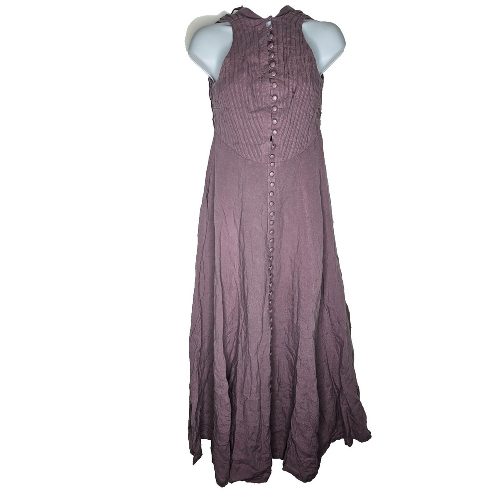 Linen Maxi Dress‎ Pleated Boho Cottagecore Button Back Small Romantic